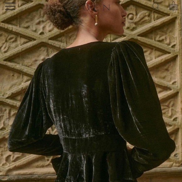 Doen Alondra Velvet V Neck Flare Peplum Long Sleeve Blouse Top Black - Picture 4 of 11